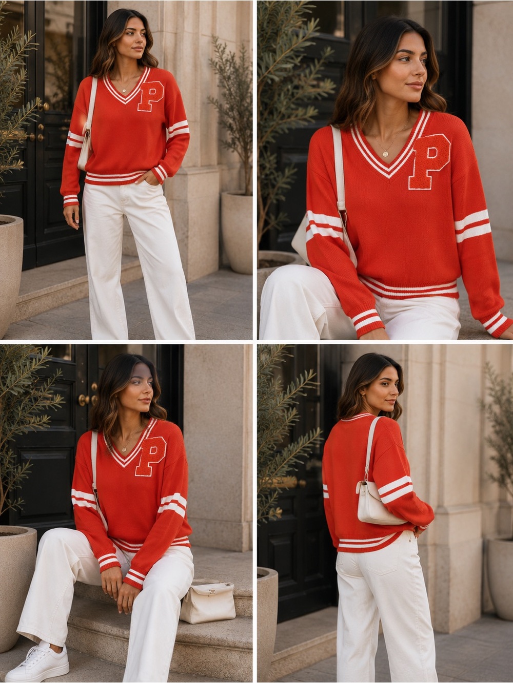 ShopEvelynne Red V-Neck Varsity Sweater with White Stripes and 'P' Patch - Picture 3 of 3